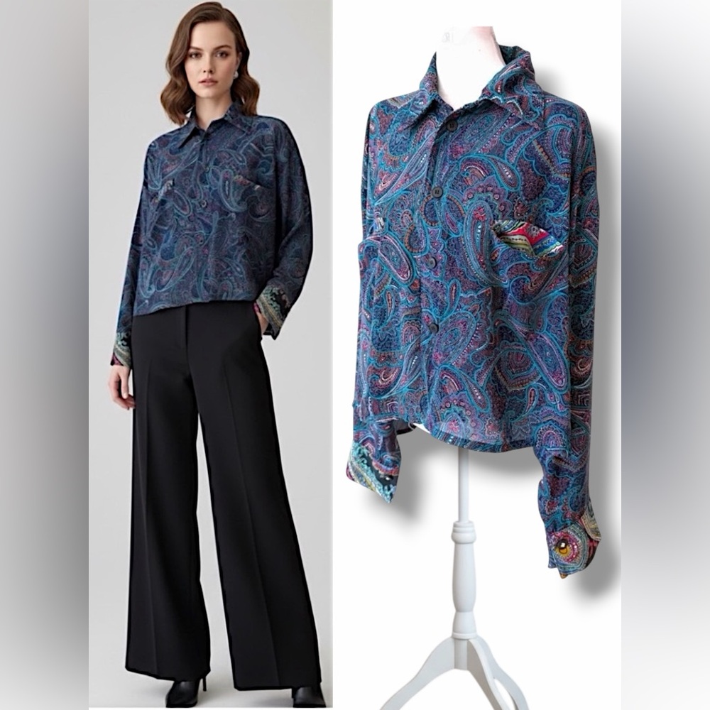 VTG Gene Ewing BIS for Neiman Marcus Blue Paisley Blouse 80s Boho Oversized M/L